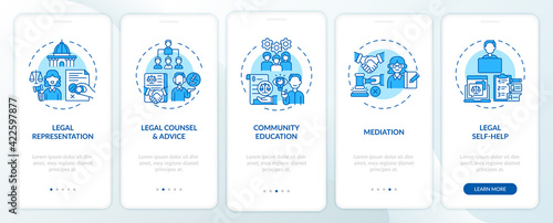 Legal services categories onboarding mobile app page screen with concepts. Community education walkthrough 5 steps graphic instructions. UI, UX, GUI vector template with linear color illustrations photo