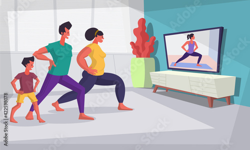 Family exercising together at home to an instructor on tv.