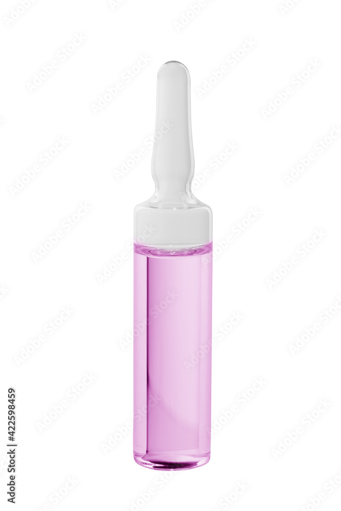 Glass ampoule with a medicine or vaccine in pink on a white background, close-up