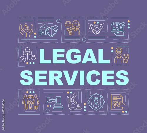 Legal services word concepts banner. Legislation and court judgement. Infographics with linear icons on purple background. Isolated typography. Vector outline RGB color illustration