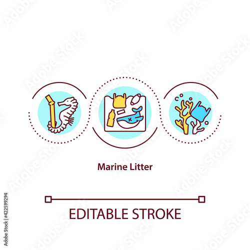 Marine litter concept icon. Stop ocean pollution. Global environmetal problem. Death of sea fauna idea thin line illustration. Vector isolated outline RGB color drawing. Editable stroke