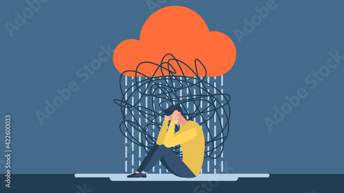 Man with anxiety touch head surrounded by think. Mental disorder and chaos in consciousness. Frustrated guy with nervous problem feel anxiety and confusion of thoughts vector flat illustration. 