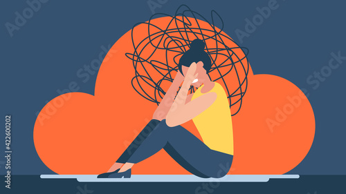 Woman with anxiety touch head surrounded by think. Mental disorder and chaos in consciousness. Frustrated girl with nervous problem feel anxiety and confusion of thoughts vector flat illustration. 