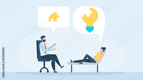 The patient receives support from a specialist. Problem solving. Vector illustration, psychotherapy, unraveling complex situations, the concept of social psychiatry, therapist and patient vector