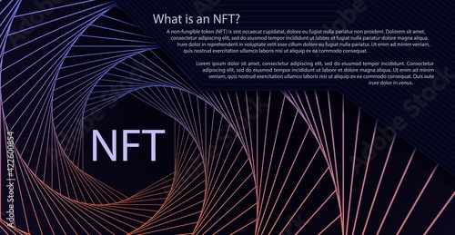 NFT non-fungible token concept of spiral movement lines abstract background. Vector dark web banner with twist hexagon gradient backdrop and non fungible token sign. Modern crypto art concept.