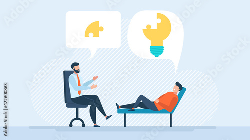 The patient receives support from a specialist. Problem solving. Vector illustration, psychotherapy, unraveling complex situations, the concept of social psychiatry, therapist and patient vector © Yurii