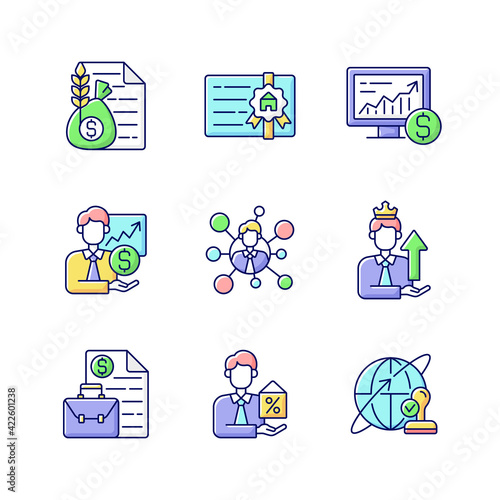 Financial advisor RGB color icons set. Commodity broker services. Professional license. Online stock trading. Sponsorship, employee connection. Business contract. Isolated vector illustrations