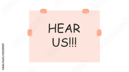 Baner for protest. People who went to a demonstration or meeting. The concept of protest, strike or revolution. Vector illustration. Flat style.