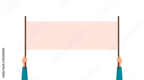 Blank banner in protest. People who went to a demonstration or meeting. The concept of protest, strike or revolution. Vector illustration. Flat style.