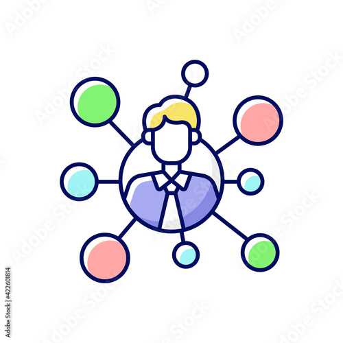 Broker's connections RGB color icon. Communication network. Corporate employee. Brokerage and intermediary services. Specialists with connect to team. Human resources. Isolated vector illustration