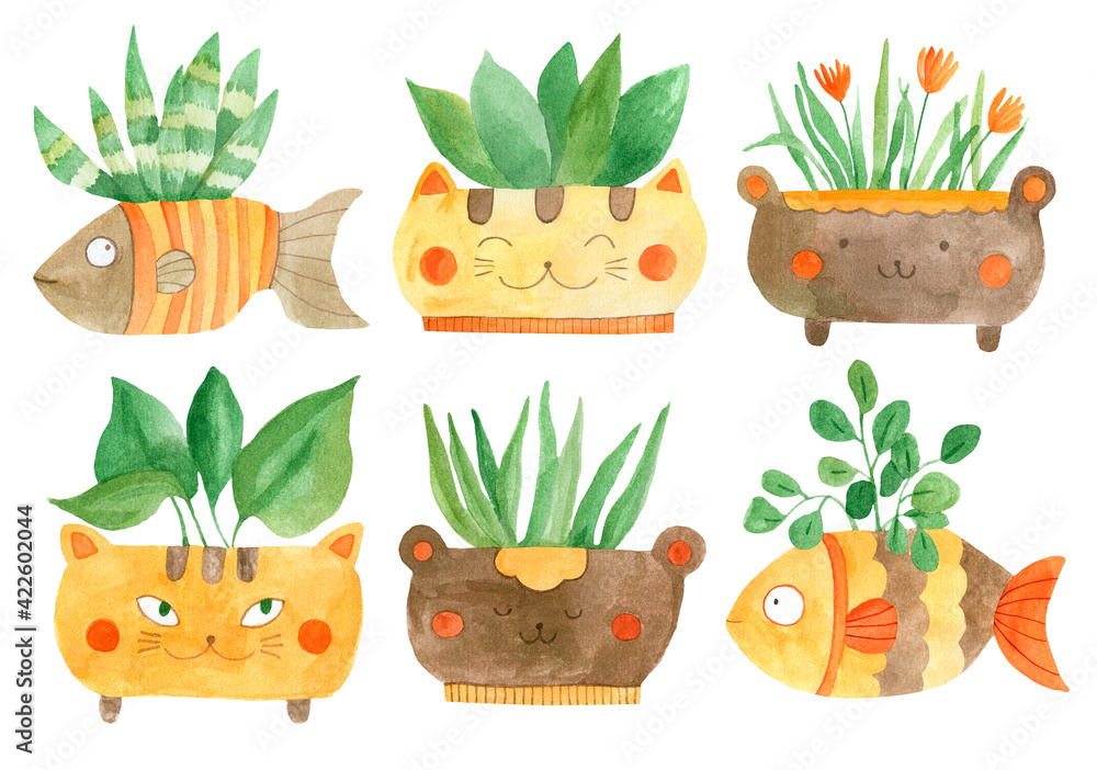 Set of potted plants isolated on a white background. Pots in the form of animals: cat, fish, bear. Hand-drawn, watercolour Set of potted plants isolated on a white background. Pots in the form of animals: cat, fish, bear. Hand-drawn, watercolour