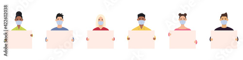 A group of people in medical masks who came to a demonstration or meeting with banners in their hands. The concept of protest, strike or revolution during COVID-19. Vector illustration. Flat style.