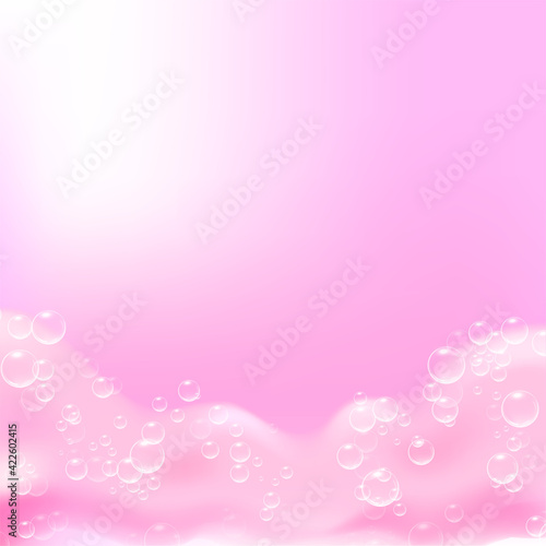 Beautiful light background with Bath pink foam and empty place for your text. Shampoo bubbles texture. Sparkling pink shampoo and bath lather. Vector realistic illustration.