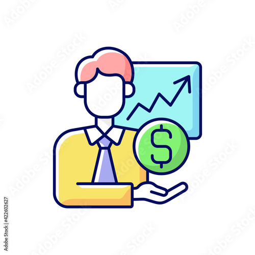 Sponsorship broker RGB color icon. Increasing financial chart. Brokerage service. Trading stock specialist. Economy and finance increase. Control revenue from investment. Isolated vector illustration