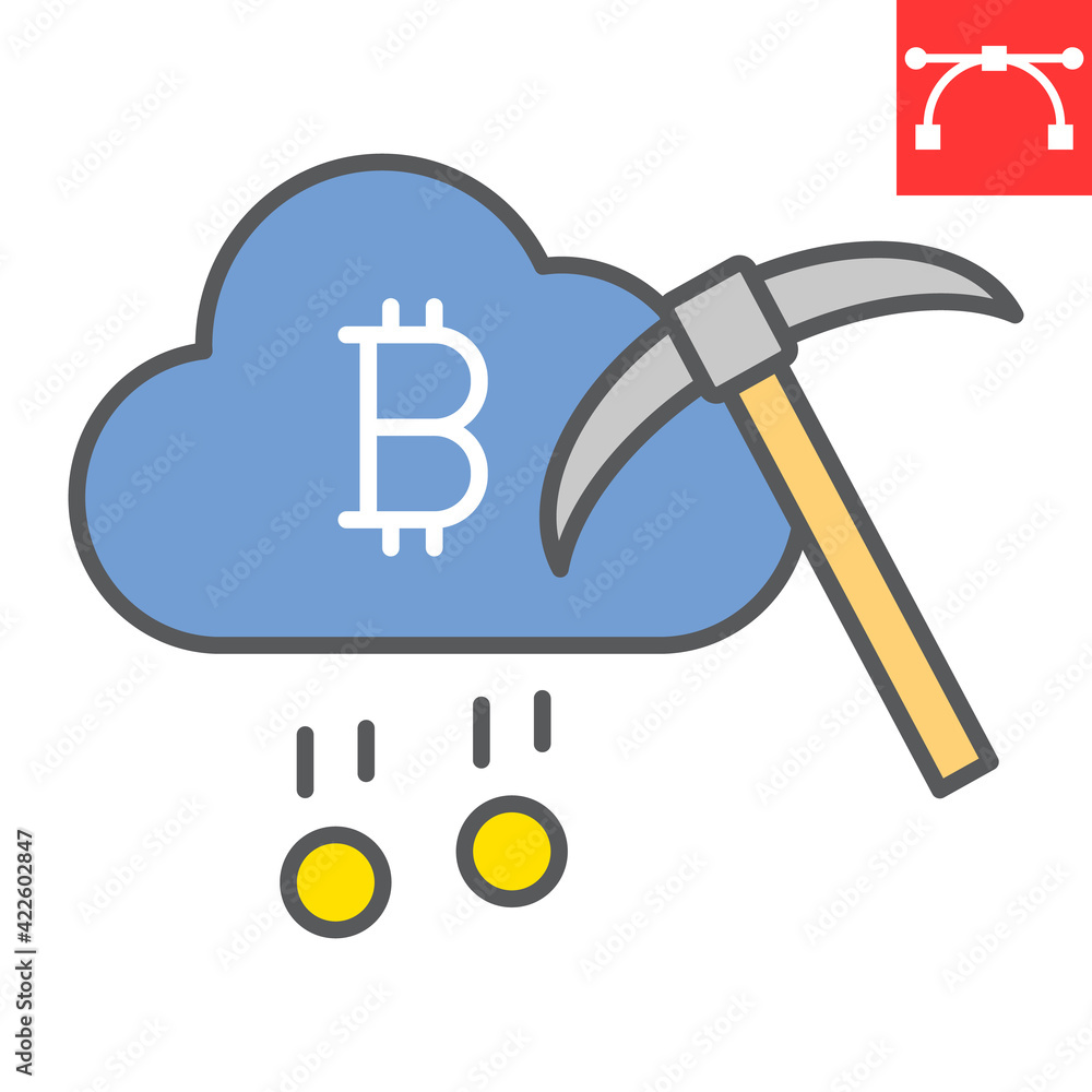 Cloud mining color line icon, cryptocurrency and bitcoin, cloud with pickaxe vector icon, vector graphics, editable stroke filled outline sign, eps 10.