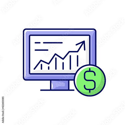 Online stock trading RGB color icon. Computer monitor with increasing chart. Graph for commercial success. Bussiness investment. Analysis on screen. Broker service. Isolated vector illustration