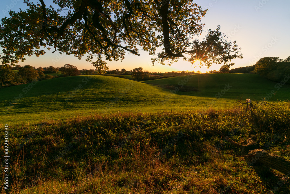 Hilly farm fields at sunset in autumn