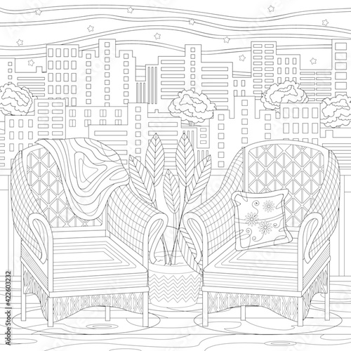 Two chairs with pillow and plaid on the terrace with town view. Place for relaxation for busy people. Coloring book page for adult with zendoodle elements. Vector hand drawing.