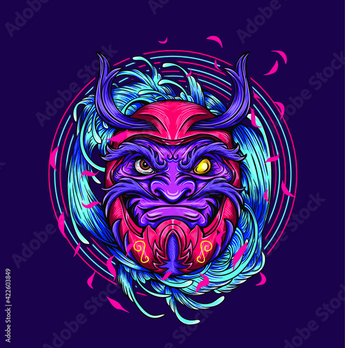 Japanese art style water waves, daruma doll, vector illustration
