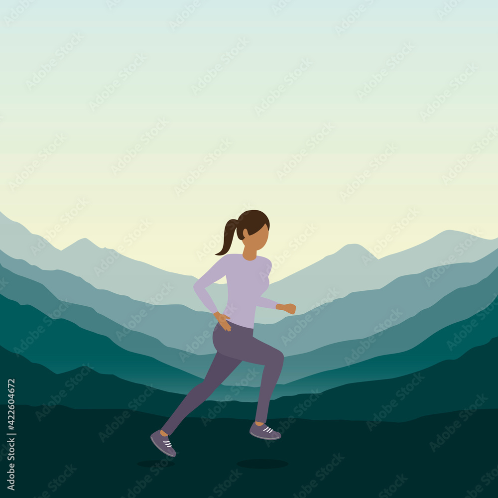 Obraz premium jogging sporty girl on green mountain landscape
