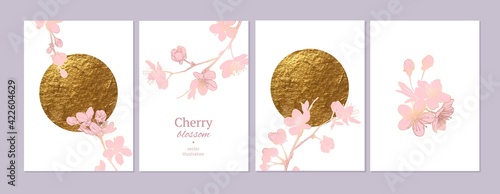 Set of spring backgrouds with sakura branch and golden circle, sun. Cherry blossoms. Design for card, wedding invitation, cover, packaging, cosmetics.
