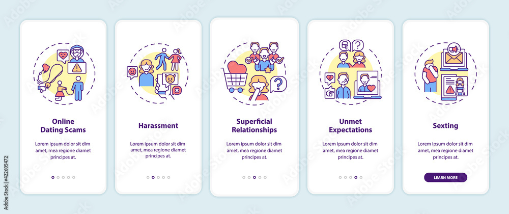 Online dating scams onboarding mobile app page screen with concepts. Superficial relationship walkthrough 5 steps graphic instructions. UI, UX, GUI vector template with linear color illustrations