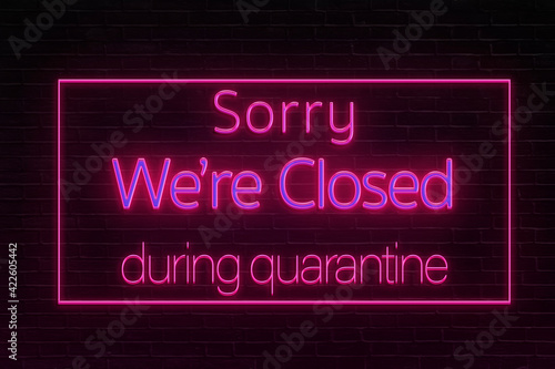 pink neon banner with the inscription sorry we closed during quarantine.online information concept
