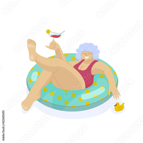 A vector illustration of an elderly lady in a swim ring in a swimming pool drinking cocktail and enjoying her leisure time. Happy senior woman in a swimsuit smiling on summer holidays in a resort.