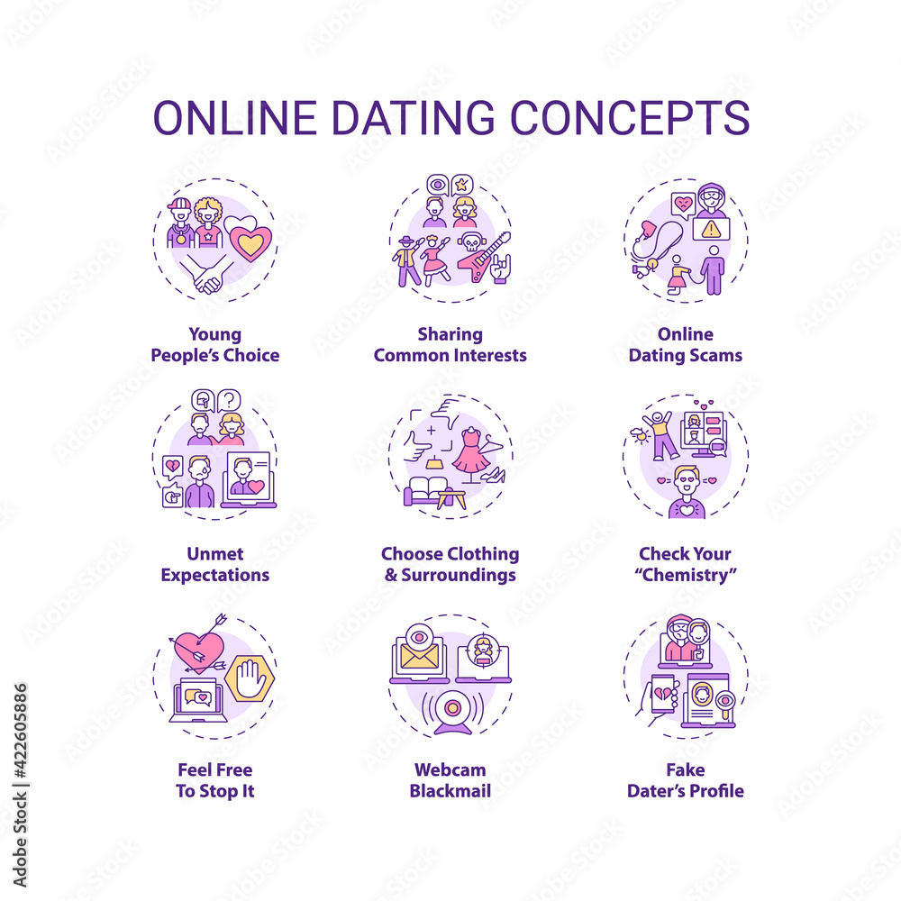 Online dating concept icons set. Building relationship in internet idea thin line RGB color illustrations. Man and woman searching for couple vector isolated outline drawings. Editable stroke Online dating concept icons set. Building relationship in internet idea thin line RGB color illustrations. Man and woman searching for couple vector isolated outline drawings. Editable stroke