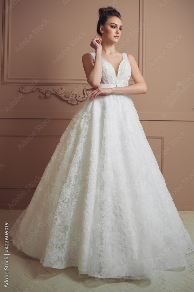Beautiful brunette bride in a fashion wedding dress,princess style. Beauty face.Studio shot.Beautiful bride portrait