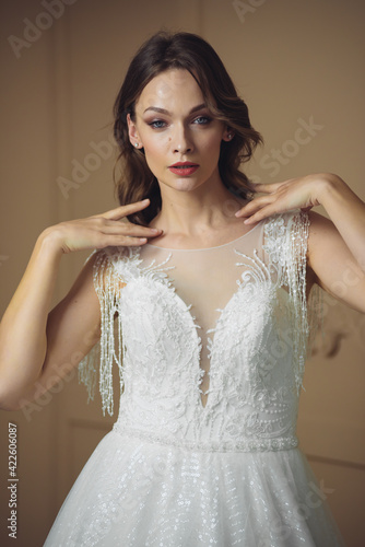 Beautiful bride in a beautiful wedding dress poses on the background of a hotel room