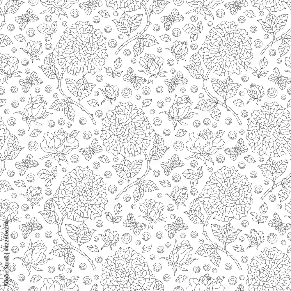 Seamless pattern with contour rose flowers and butterflies, dark outline flowers and insects on a white background Seamless pattern with contour rose flowers and butterflies, dark outline flowers and insects on a white background