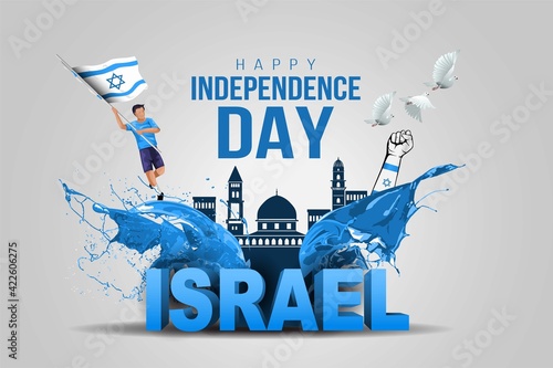 Israel happy independence Day celebrations with 15th April Israel 3d text and buildings, holding hand, man running with israel flag. vector illustration design