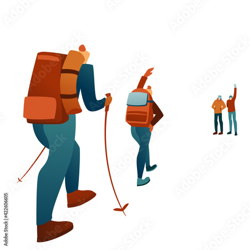 Men greet people on a white background, Nordic Walking. Characters in winter clothes, walking with large backpacks and tourist seats, winter sports. Mountaineering, hiking brochures.