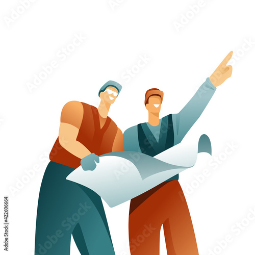 Vector illustration of a builder and contractor with a plan on a white background. Characters in helmets, men workers in uniforms. Modern flat design advertising a construction company.