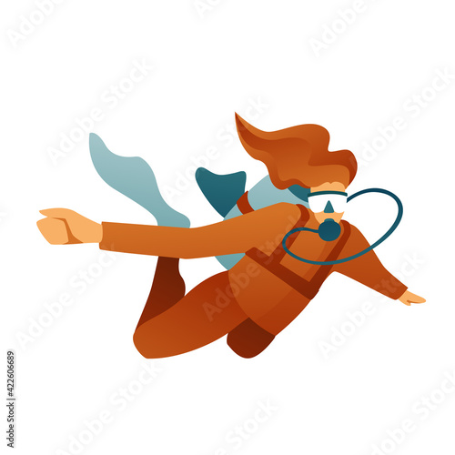 A scuba diver in a suit swims with fins on a white background. Hair underwater. Diving. Character in scuba gear and diving mask, explorer of water depths. Modern flat design.