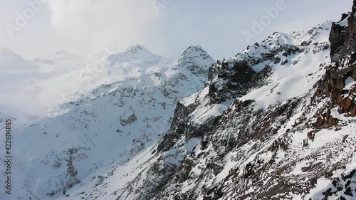 A herd of mountain chamois runs over snow-covered rocks and ice against the backdrop of stunning snowy mountains in fog, aerial view