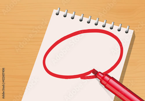 Composition présentant un bloc-notes et un marqueur rouge sur un bureau avec une page blanche pour écrire un message important.