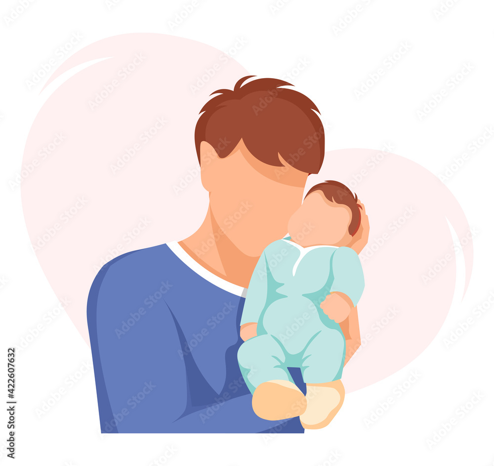 Father is holding baby. Dad and son, Family, Father's day concept. Isolated vector illustration for greeting card, flyer, poster. Father is holding baby. Dad and son, Family, Father's day concept. Isolated vector illustration for greeting card, flyer, poster.