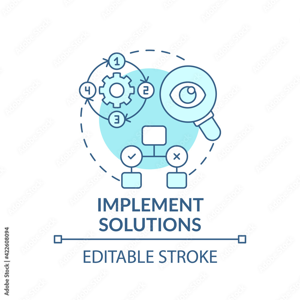 Implement solutions blue concept icon. Execution of decision. Effective process organization. Problem solving idea thin line illustration. Vector isolated outline RGB color drawing. Editable stroke