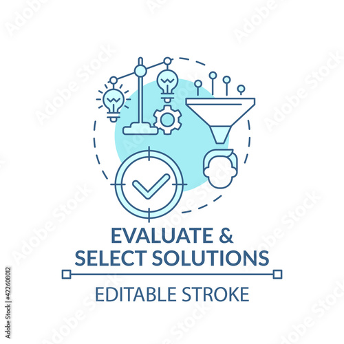 Evaluate and select solutions blue concept icon. Decision making, progress step. Problem solving idea thin line illustration. Vector isolated outline RGB color drawing. Editable stroke