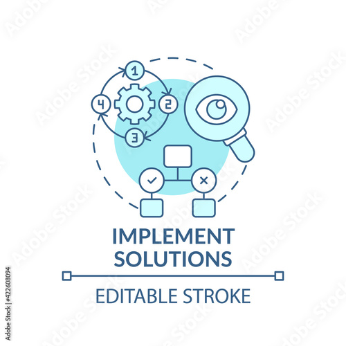 Implement solutions blue concept icon. Execution of decision. Effective process organization. Problem solving idea thin line illustration. Vector isolated outline RGB color drawing. Editable stroke