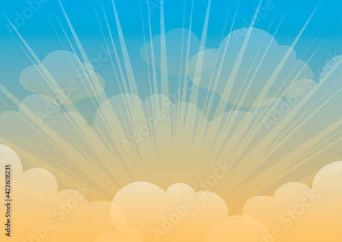 Blue orange sunny sky with clouds and sunbeams vector. Beautiful sunny blue orange sky background vector. Sunny bright heaven vector illustration