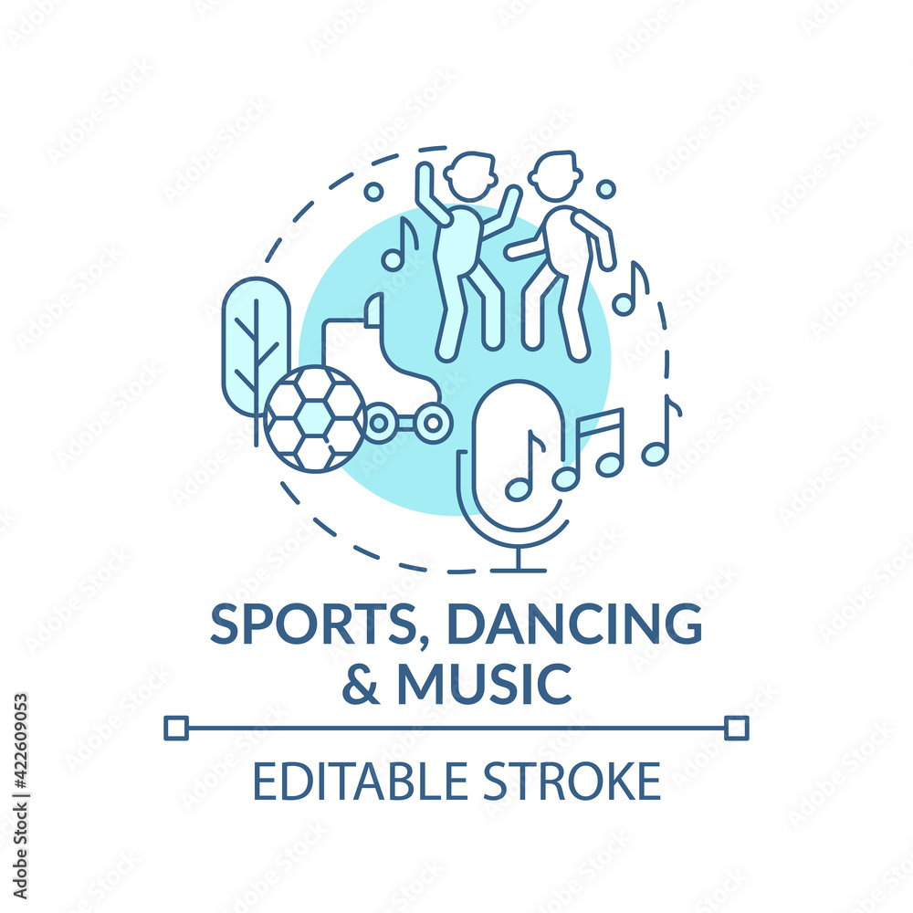 Sports, dancing and music blue concept icon. Recreational activity, improve creative thinking. Problem solving idea thin line illustration. Vector isolated outline RGB color drawing. Editable stroke
