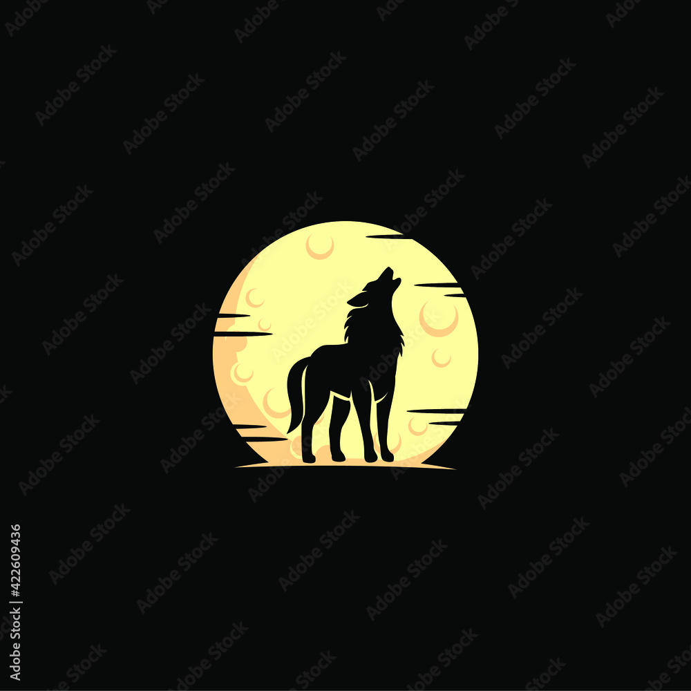silhouette illustration of wolf at the moon. 
Wild animal howling at night logo 