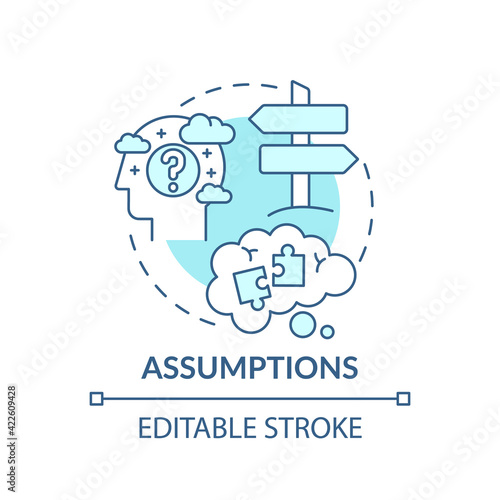 Assumptions blue concept icon. Proof for theory. Presumption, problem with critical thinking. Mental block idea thin line illustration. Vector isolated outline RGB color drawing. Editable stroke