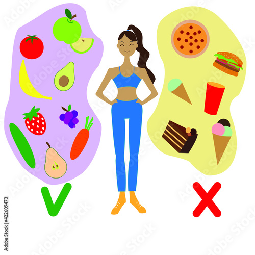 proper nutrition and unhealthy food. Choice. Healthy lifestyle, slim waist and beautiful body.