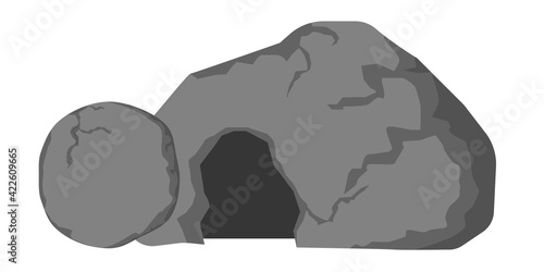 Empty tomb of Jesus and rolled away stone. Open cave. Easter illustration