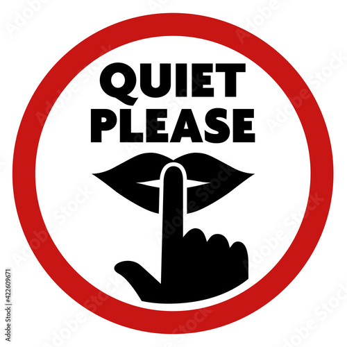 round QUIET PLEASE sign with finger on lips symbol vector illustration