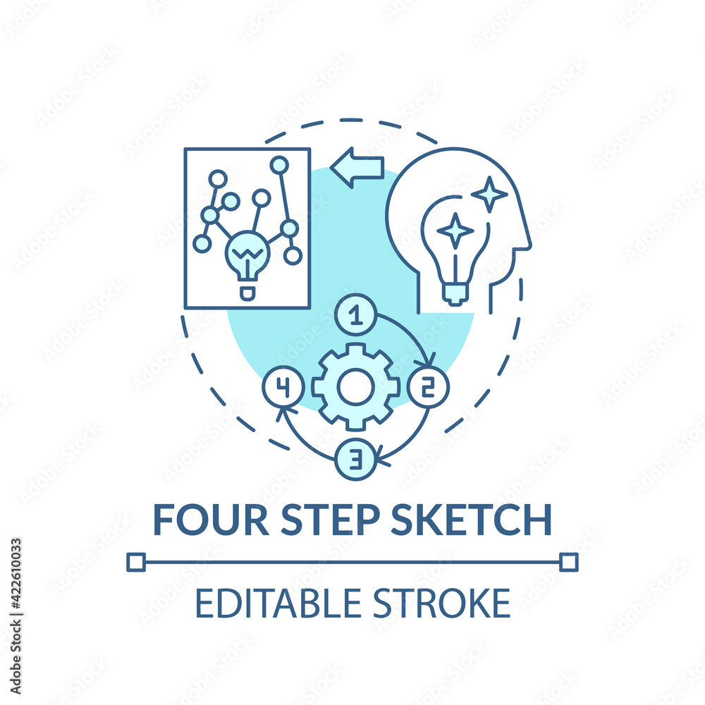 Four step sketch blue concept icon. Creative thinking. Strategy for making decisions. Problem solving idea thin line illustration. Vector isolated outline RGB color drawing. Editable stroke Four step sketch blue concept icon. Creative thinking. Strategy for making decisions. Problem solving idea thin line illustration. Vector isolated outline RGB color drawing. Editable stroke